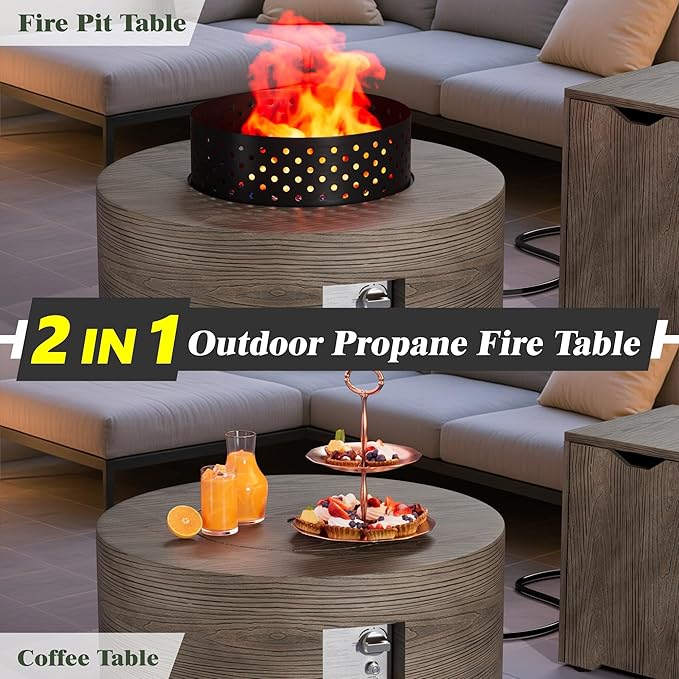 Dineli 2-Piece Outdoor Propane Fire Pit Table Set w Tank Table 30'' Round Fire Pit Table 2-in-1 Firepit Table for Outside Patio Gas Fire Pit Fireplace, 50,000 BTU, Brown with Wood Grain