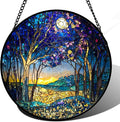 QZQCBLC Stained Glass Window Hanging Blue Purple Forest Trees Landscape Moon 9.8" - Suncatcher Door Garden Sun Catcher Home Decor Birthday Christmas for Mom Men Woman Nana