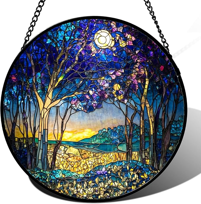 QZQCBLC Stained Glass Window Hanging Blue Purple Forest Trees Landscape Moon 9.8" - Suncatcher Door Garden Sun Catcher Home Decor Birthday Christmas for Mom Men Woman Nana