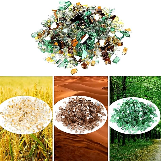 Onlyfire 10 Pounds Blended Reflective Fire Glass for Fire Pit Fireplace and Landscaping, 1/4 Inch Mixed Colored High Luster Fireglass Rocks for Outdoor ＆ Indoor Use - Gold+Light Green+Copper