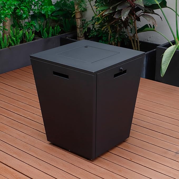 LeisureMod Chelsea 32" Modern Gas Fire Pit Table – 37,000 BTU CSA Certified Propane Steel Outdoor Table with Tempered Glass Wind Guard and Lid for Patio (Black)