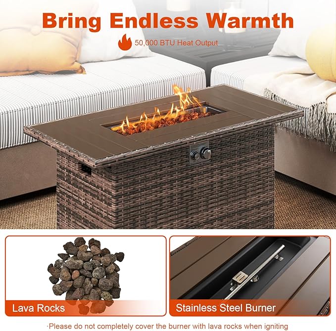 Tangkula 44.5 Inch Propane Fire Pit Table, Outdoor Rattan Gas Firepit with Metal Slatted Tabletop & Stainless Steel Burner, Rectangle Fire Pit with Lava Rocks & Protective Cover for Outside Patio