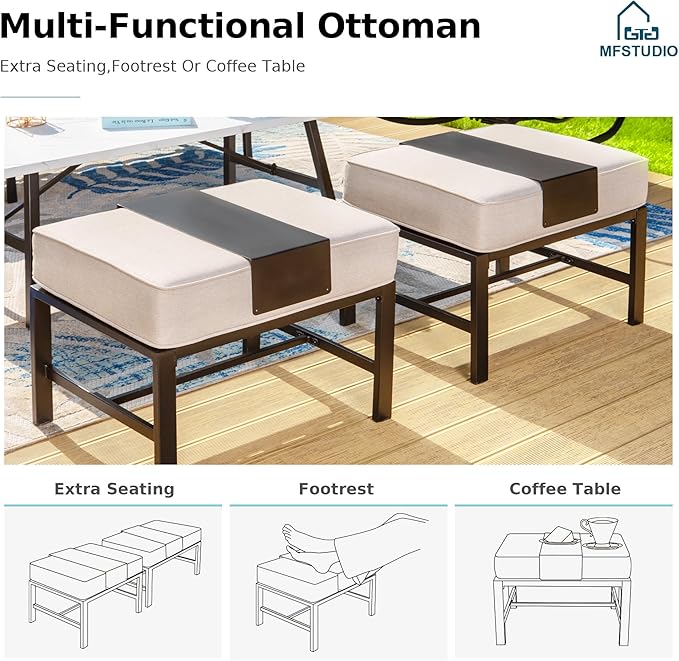 MFSTUDIO 7 Pieces Metal Patio Furniture Sets, 2 Swivel Chairs, 3-Seat Deep Seating Sofa, 2 Single Couch and 2 Ottoman, All Weather 9 Seats Outdoor Conversation Set for Garden Backyard，Beige Cushion