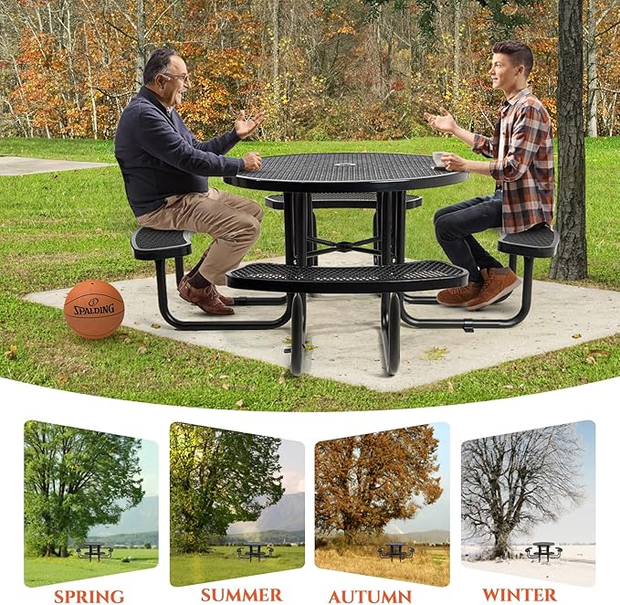 46" Round Top Outdoor Picnic Table Set for Up to 8 Persons, Outside Table Set with 4 Built-in Benches, Metal Commercial-Grade Dining Furniture with Umbrella Hole for Garden, Backyard, Porch, Patio