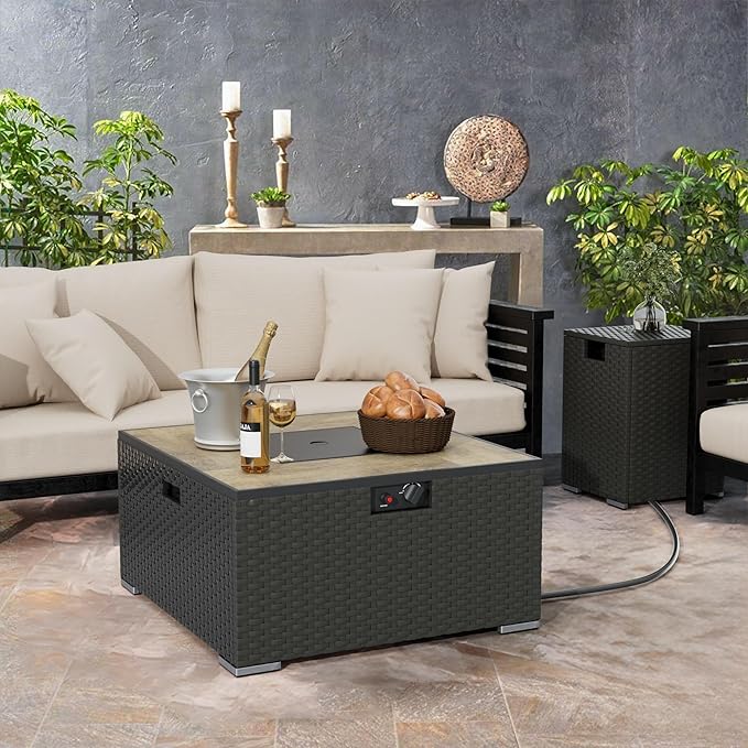 Dineli 31.5 Inch Propane Fire Pit Table Square Gas Fire Pits for Outside Patio Fire Pits & Outdoor Fireplaces 2-in-1 Fire Pit Table with Lid for Camping Backyard Garden, 40,000 BTU, Waterproof