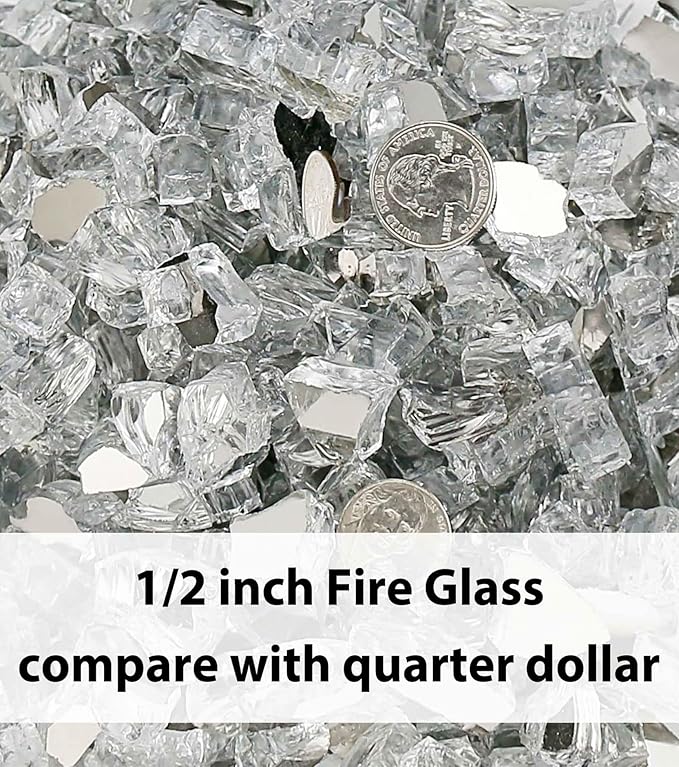 GRISUN 20 Pounds White Fire Pit Glass - 1/2 Inch Reflective Tempered Fire Glass Rocks for Natural or Propane Fireplace, Safe for Outdoors and Indoors Firepit, High Luster