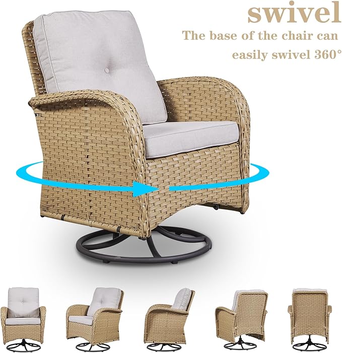 Patio Furniture Swivel Glider PE Wicker Chairs, Outdoor Swivel Rocker Seating with Cushions for Porch Deck Balcony, Yellow/Beige