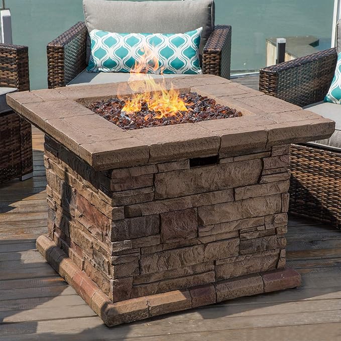 COSIEST Outdoor Propane Fire Pit Table w Faux Brown Ledgestone 32-inch Square Fire Table, Certified, 50,000 BTU Stainless Steel Burner, Free Lava Rocks, Fits 20lb Tank Inside
