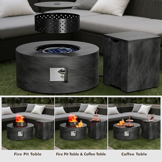 30" Round Propane Fire Pit Table - 50K BTU with Lid, Rocks Tank Storage and Cover - Round Gas Fire Pits for Outside Patio - Outdoor Table with Firepit (Charred Oak, 30" Round)