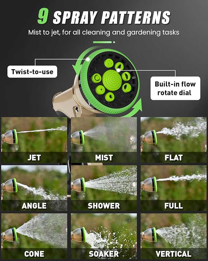 RAINPOINT Garden Hose Nozzle, Heavy Duty Metal Water Hose Sprayer Nozzle with 9 Adjustable Spray Patterns, High Pressure Hand Sprayer for Watering Plants, Lawns, Car and Pet Washing (1, Green)
