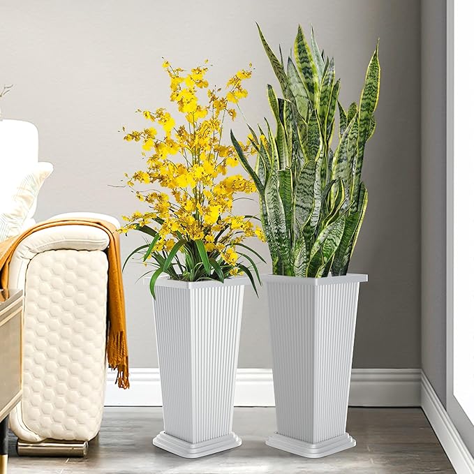 Set of 2 Large Tall Planter for Indoor or Outdoor 24" Flower Pots Tapered Tall Planters with Tray for Porch, Patio, Backyard, Large Planters for Outdoor Indoor Plants(White,Striped)