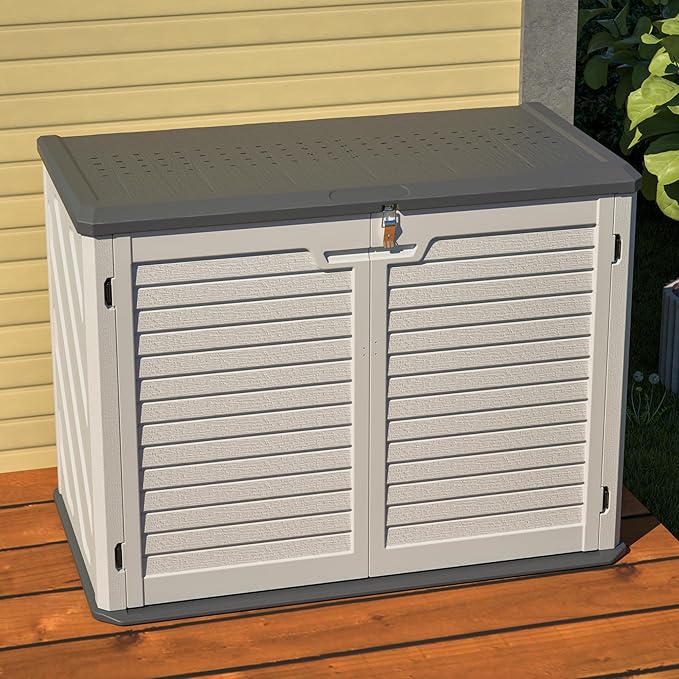 Outdoor Storage Shed Horizontal Plastic Shed W/Lockable Cabinet,Weather Resistance Foldable House W/Sloped Roof & Dual-Locking Mechanism,28 Cu.ft Garden Tool House for Backyards,Patio,White