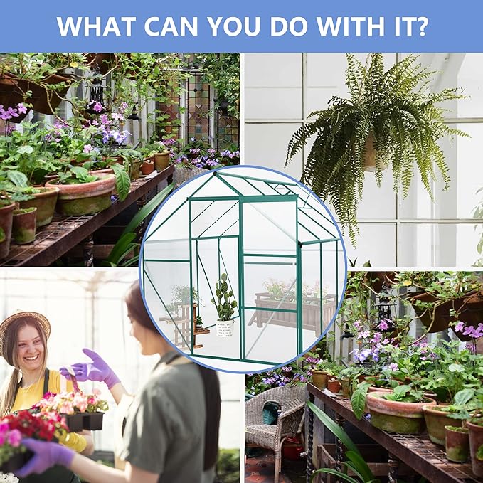 6×8 FT Outdoor Greenhouse for Backyard, Polycarbonate Walk-in Green House with Aluminum Frame, Raised Base, Sliding Door & Adjustable Roof Vent, Greenhouses for Outdoors Winter Use, Green