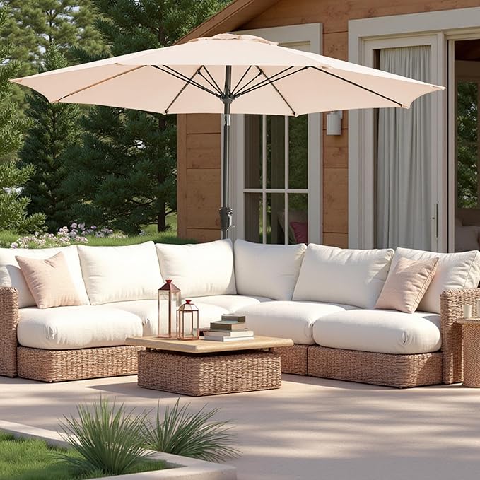 9FT Large Outdoor Patio Umbrella Market Table Umbrella-UV Resistant, Easy Push Button Tilt and Crank, 8 Sturdy Ribs Heavy-Duty Pool Umbrella for Deck,Beige