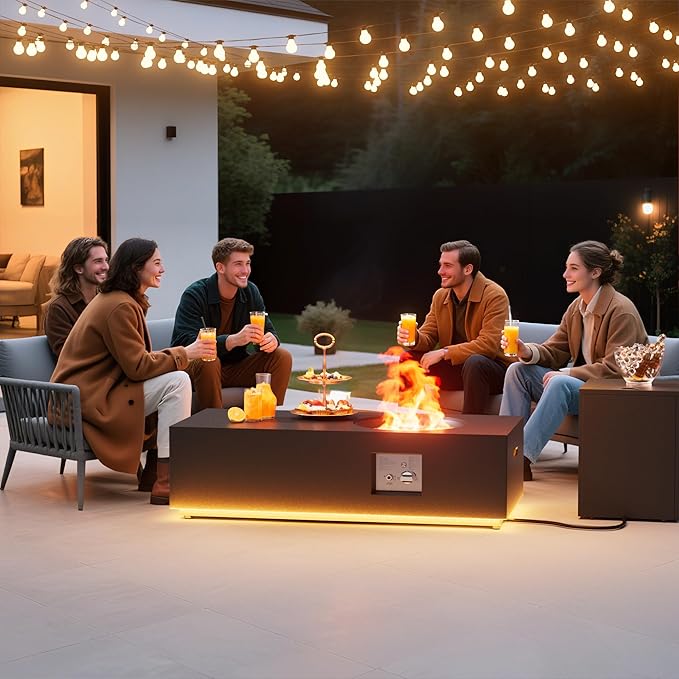 Dineli 2-Piece Outdoor Propane Fire Pit Table Set w Tank Table 48'' Rectangular Firepit Gas Fire Pits for Outside Patio Tabletop Fire Pits w LED, 50,000 BTU (Black with Warmlight)