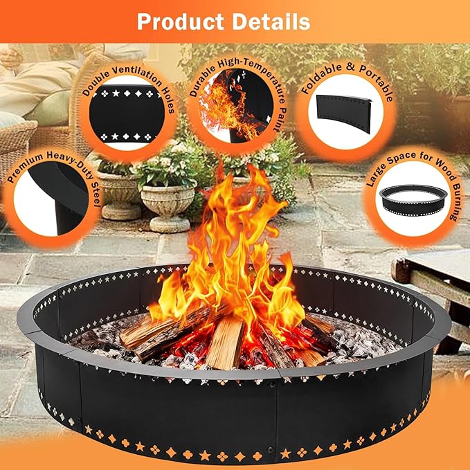 DFLU Smokeless Fire Pit Ring 48 inch Inner, 52 inch Outer Large Firepit Ring Insert Metal Steel Round Firepit Ring for Outside Wood Burning DIY Fire Pits Outdoor Fire Place for Camping Patio Backyard