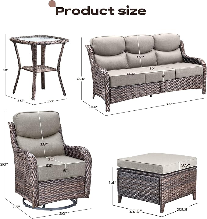 Rilyson Wicker Outdoor Patio Furniture Set - 6 Piece Patio Conversation Sets with Swivel Rocker Chairs, Ottomans, Sofa and Side Table, 6 inch Cushions, Waterproof Wicker, for Porch Deck Brown/Beige