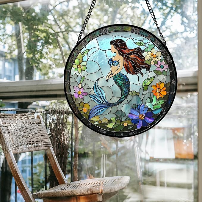 JOSUMALY Stained Glass Window Hanging - Light Blue Mermaid Suncatcher for Door Terrace Garden Home Decor, Ocean Flowers Sun Catcher Birthday Gifts for Lovers Women Men Dad Mom Nana 6.3 in