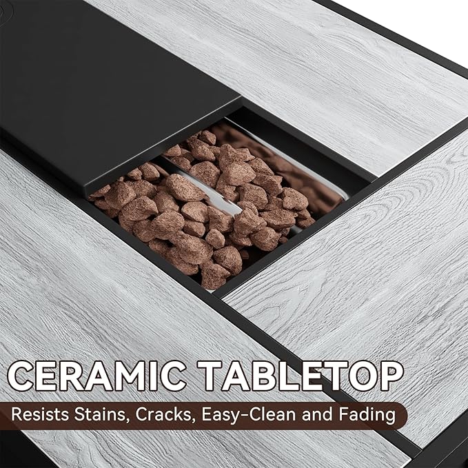 Aoxun 42" Propane Fire Pit Table Ceramic Top, 60000 BTU Outdoor Patio Heater with Lava Rocks, Rectangle Gas Fire Pits for Outside Patio with Removable Lid, Black