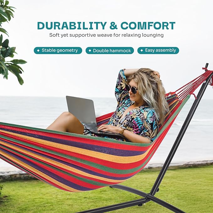 NEWBULIG Double Hammock with Stand, Heavy Duty Portable Hammocks for Outdoor Indoor Patio Camping, Space Saving Design & Carry Bag, Easy Assembly, 450lb Weight Capacity, Rainbow