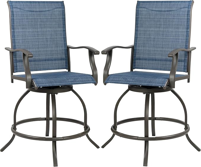 Kozyard Isabella Outdoor Patio High Swivel Bar Stools/Chairs Set for 2 Counter Height Tall Patio Swivel Chairs for Backyard Cafes Bistro Restaurants Chic Bars (NavyBlue/Textilence)