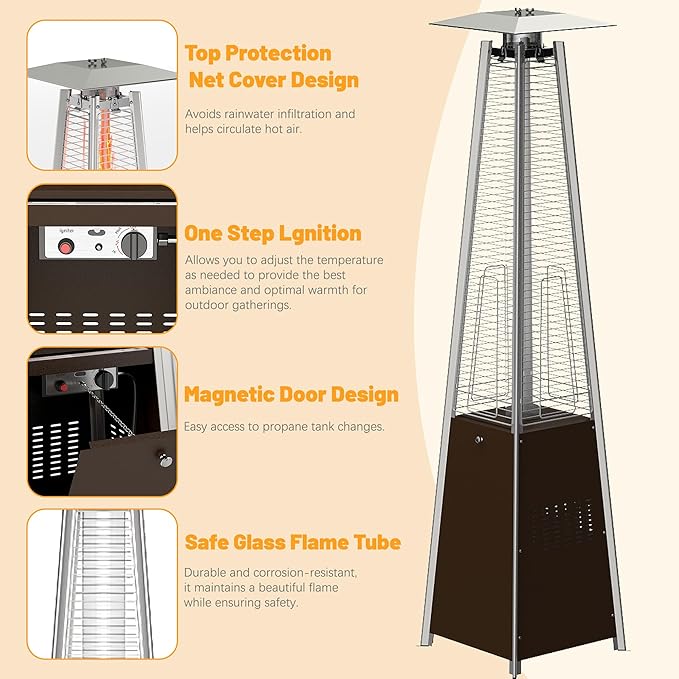FOOWIN Patio Heater,48,000 BTU Outdoor Heater with Wheels,Propane Patio Heater w/Waterproof Cover & Gloves,Quartz Glass Tube Pyramid Outdoor Heater for Party,Backyard,Garden,Bronze