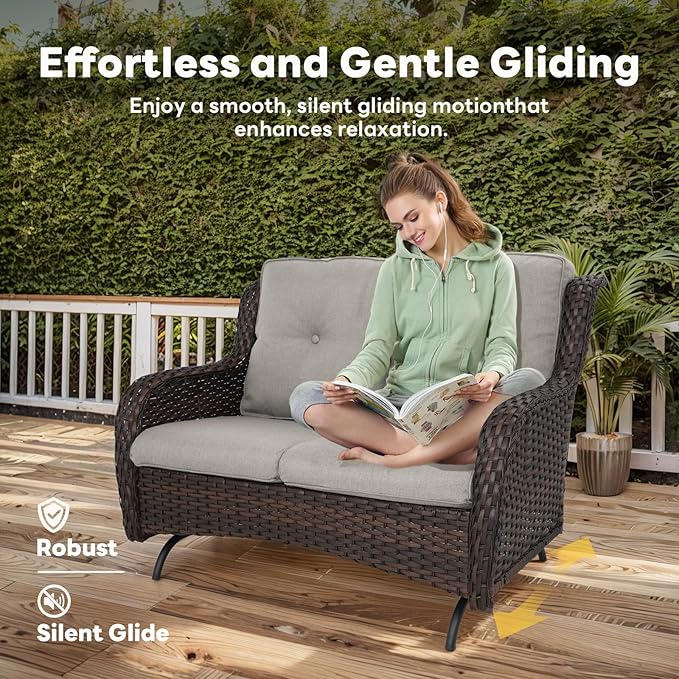 Belord 4 Piece Patio Furniture Set - Outdoor Glider Bench with Swivel Rocker Chairs and Coffee Table, High Back Small Outdoor Conversation Furniture Sets for Deck Sunroom Balcony Backyard