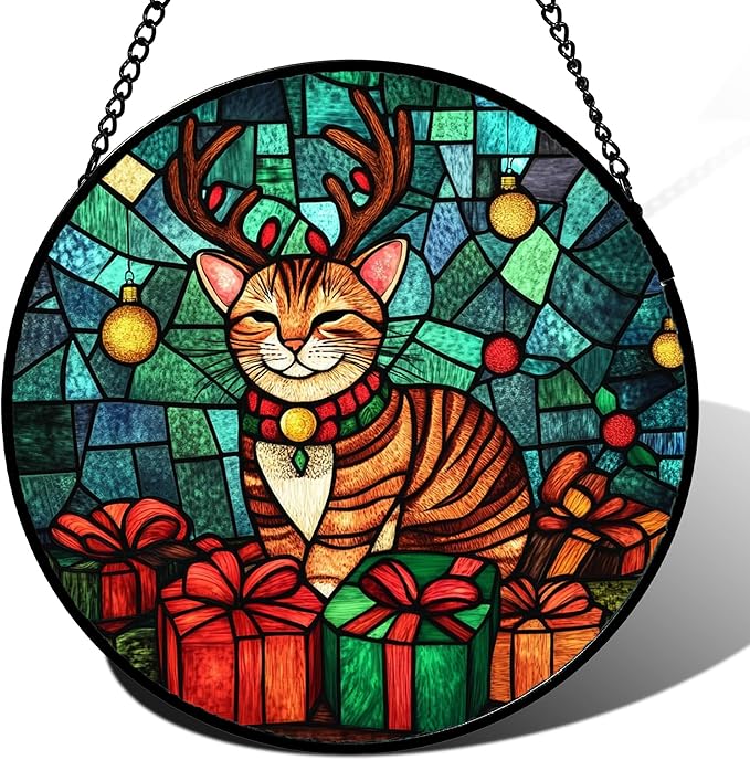 CRISGIF Stained Glass Window Hanging Cat with Elk Antlers Large 11.8" - Suncatcher Door Garden Sun Catcher Home Decor Birthday Christmas for Lost Pets Mom Men Woman Nana