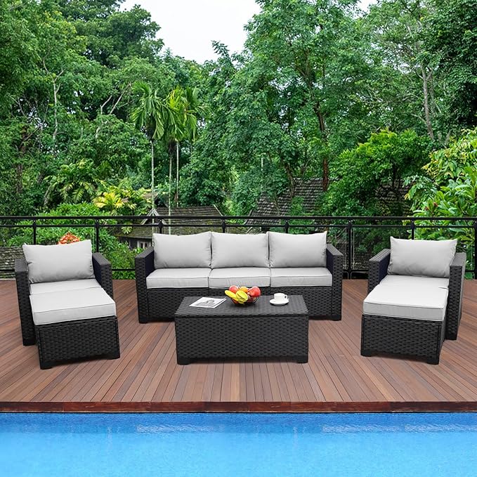 Rattaner Patio Wicker Furniture Set 6 Pieces Outdoor HDPE Wicker Conversation Couch Sectional Chair Sofa Set with Grey Cushions