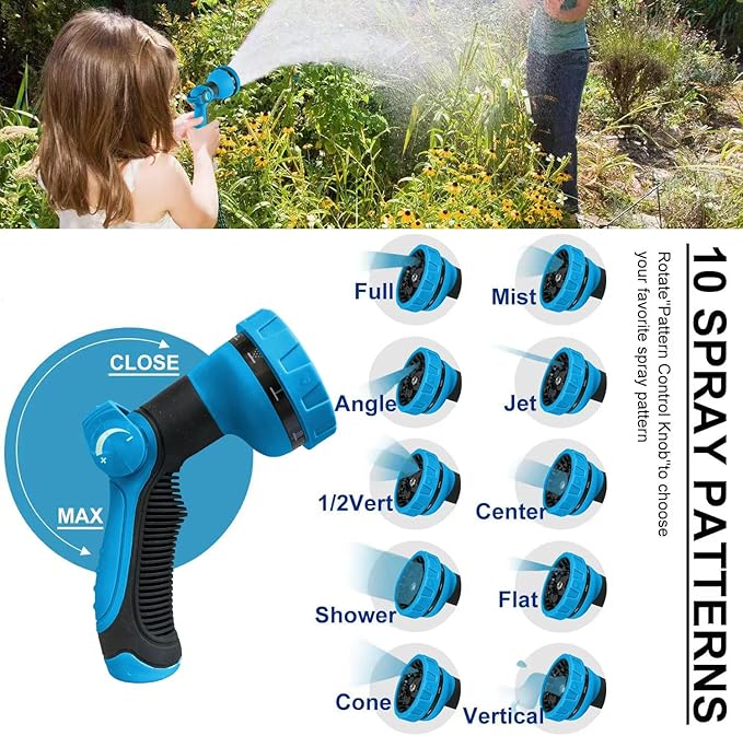 Non-Expanding Garden Hose 150ft,flexible, lightweight hose is resistant to kinks and tangles.With 10-way nozzle, strong 3/4” metal fittings.