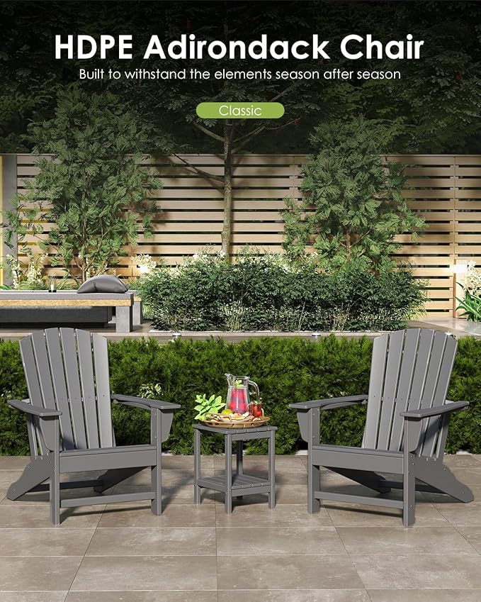 GREENVINES Adirondack Chairs Set of 4 | HDPE Plastic | Oversized Fire Pit Chair | All Weather | Grey | Poly Lumber | for Outdoor Deck Backyard Patio Garden