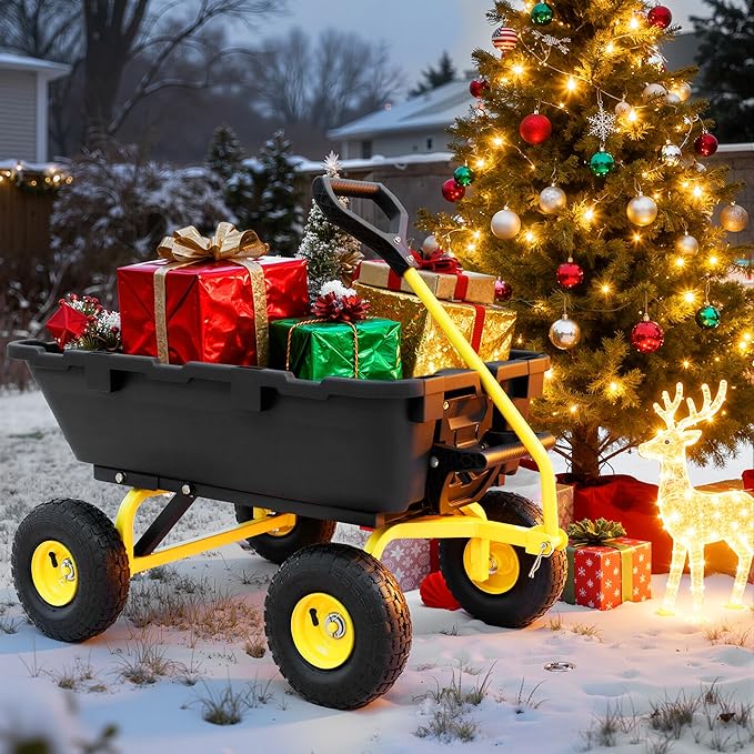 800LB Garden Dump Cart, 4 Wheel Wheelbarrow with 10”Tires, Heavy Duty Dump Cart Wagon with Quick-Release System & 10" Non-Flat Tires, Steel Frame Utility Cart for Yard, Farm, Hauling Firewood