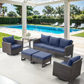 6 Piece Wicker Patio Furniture Set - Outdoor Swivel Rocker Chairs Set with Side Table, 3 Seat Sofa and Ottomans, Small Patio Conversation Sets Proch Furniture for Balcony Deck - Brown/Blue