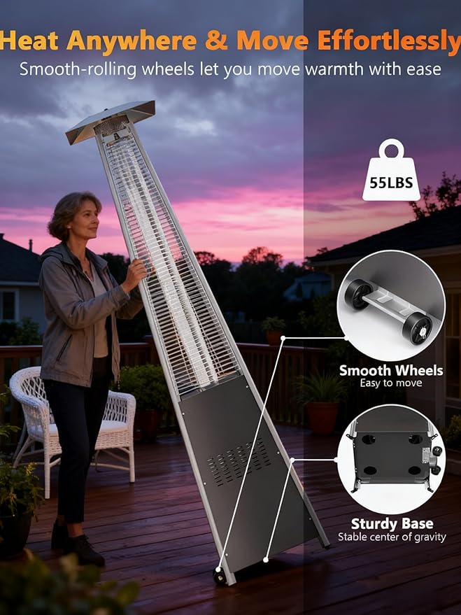 HUGROVE Pyramid Patio Heater, 48,000 BTU Rapid Heating Outdoor Propane With Wheels and Weatherproof Cover, Triple Protection System for Patio & Backyard & Garden & Pool (1 Gray Heater)