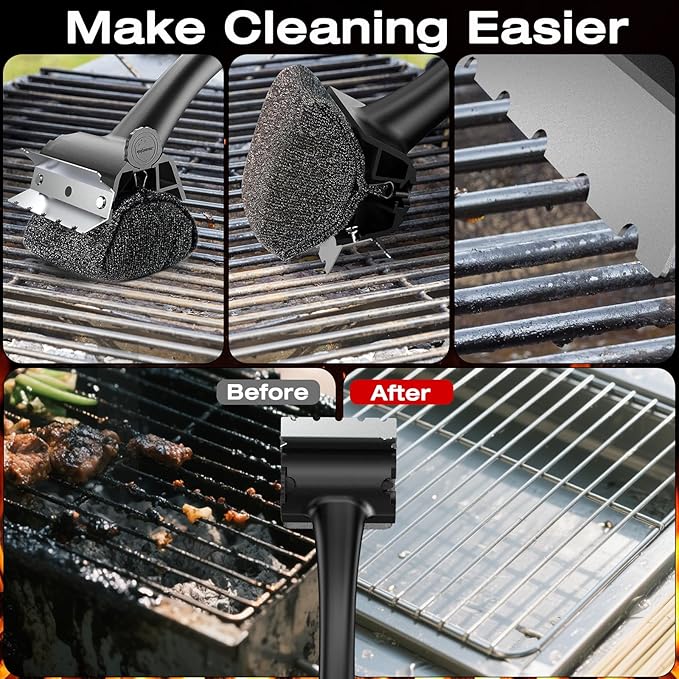 Purgreat Grill Brush for Outdoor BBQ - Replaceable Bristle Free Heading and Reinforced Scraper - Safe BBQ Brushes for Porcelain/Gas/Charcoal/Smoker/Cast Iron Grill - Cleaning Brush(Black)