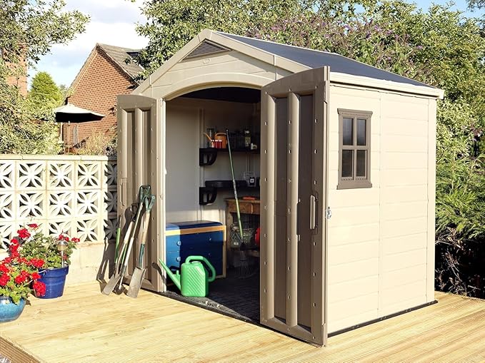 8x6 Ft All-Weather Storage Shed with Skylight,Window,Built-in Ventilation,Walls, & Lockable Double Doors for Patio Furniture Lawn Mower Tools and Bike Storage Lockable