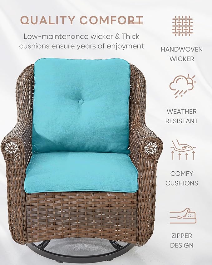 Patio Chairs Outdoor Swivel Glider - Set of 4 High Back Outside Brown Wicker Rattan Rocking Chair with Thick Cushion for Porch Apartment Deck Yard Poolside Garden - Turqoise