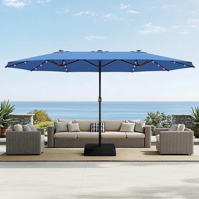 Sophia & William 15 ft Extra Large Patio Umbrella with Solar Lights, Rectangular Outdoor Umbrella with Base Included, Market Umbrella Double-sided Heavy Duty for Pool Garden Backyard, Haze Blue