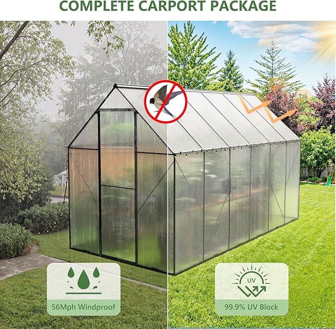 6X12 FT Greenhouse for Outdoors, Heavy Duty Polycarbonate Greenhouses, Large Walk-in Greenhouse with Roof Vent, Aluminum Hot House for Garden & Backyard