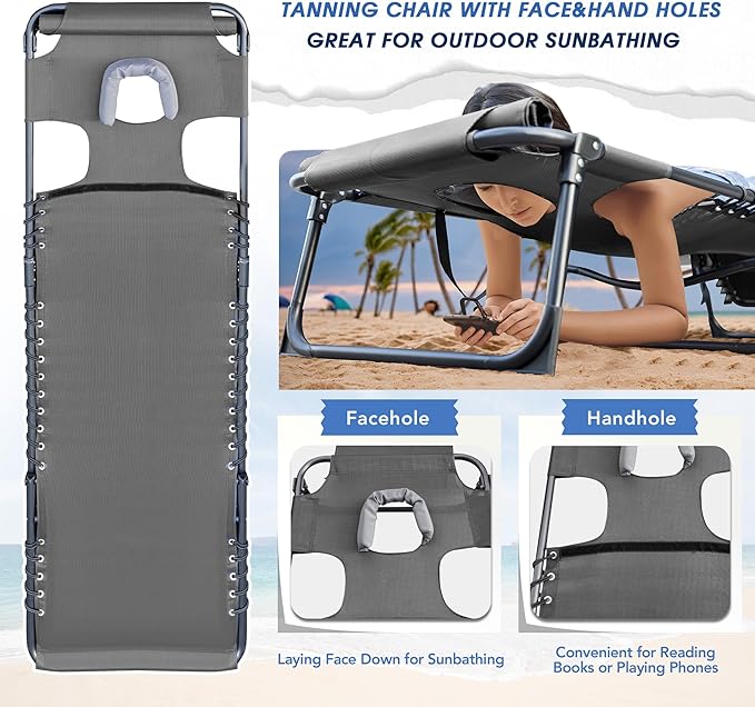 Flamaker Face Down Chaise Lounge Chair 5-Position Adjustable Sunbathing, Foldable Tanning Chair with Face& Arm Holes, Outdoor Recliner Chair for Pool, Beach, Patio, Lawn (Grey, 1 Pcs)