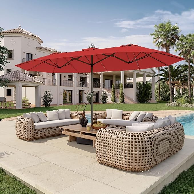 15FT Double Sided Patio Umbrella with Base Included Large Outdoor Market Umbrella with Crank Handle, UV Resistant Canopy, Sturdy Frame for Garden, Poolside, Deck, Red
