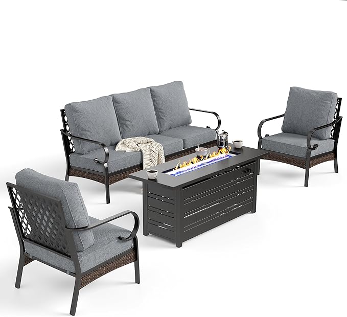 SUNSHINE VALLEY 4 Piece Black Metal Outdoor Patio Furniture Sets with Firepit Table, Patio Conversation Sets 1 3-Seater Sofa, 2 Single Sofa with 5.75" Thick Cushion Backyard Furniture for Deck, Gray