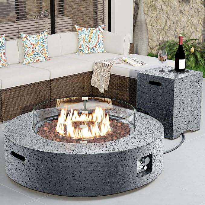 COSIEST 42 inch Outdoor Propane Fire Pit Coffee Table w Concrete Round Base Patio Heater, Certified, 50,000 BTU Stainless Steel Burner, Free Lava Rocks, Rain Cover, Wind Guard, Tank Cover, Gray