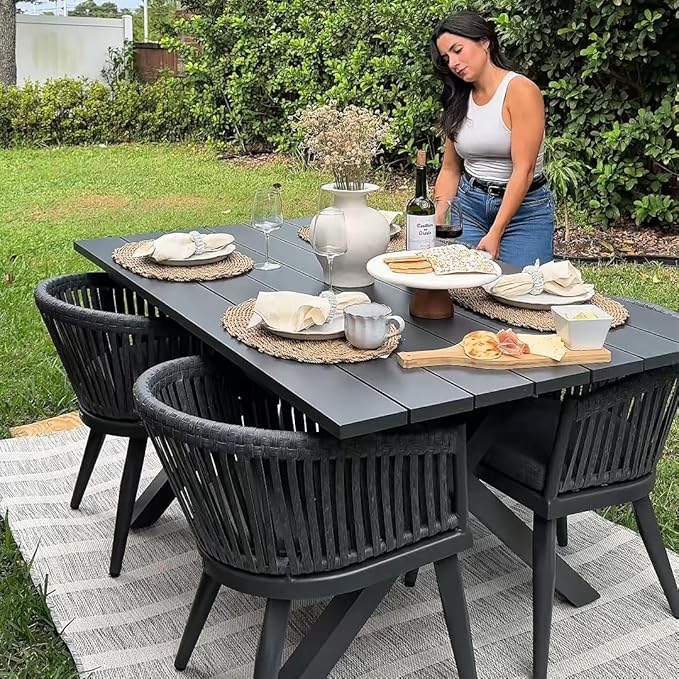 PURPLE LEAF 5 Pieces Outdoor Dining Set with Patio Aluminium Dining Table and Wicker Chairs Modern Furniture Cushions Sets for Backyard Indoor Decor Kitchen Gray