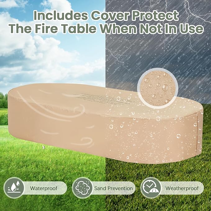 ECOTOUGE 2-Piece Gas Fire Pit, 60''Oval Outdoor Propane Fire Pit Table Set w/Tank Cover, Auto-Ignition Steel Fire Table, 50,000 BTU Concrete Fire Pit w/Weather-Resistant Pit Cover, Lava Rocks, White