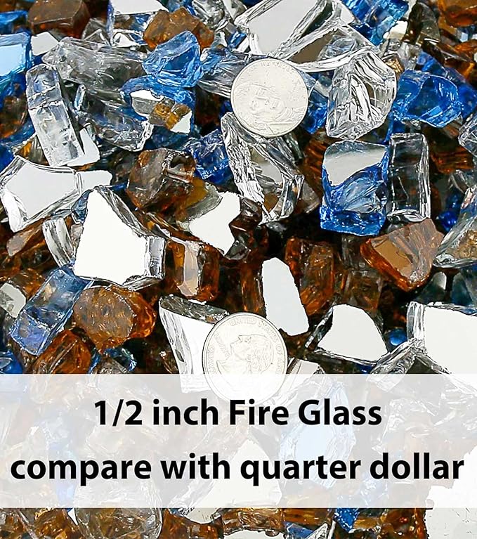 GRISUN Fire Glass Mixed Color for Fire Pit - 1/2 Inch 10 Pounds Reflective Tempered Glass Rocks for Natural or Propane Fireplace, Safe for Outdoors and Indoors, Pacific Blue, Copper, Ultra White