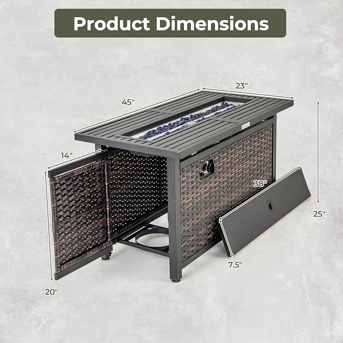 RELAX4LIFE 45’’ Propane Fire Pit Table - 50000 BTU Rattan Outdoor Fire Pit w/Metal Top, Glass Stones, Lid & Protective Cover, Rectangular Gas Fire Pits for Outside Patio Backyard Garden Deck Parties