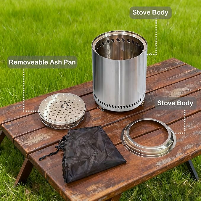 Tabletop Fire Pit with Stand 9.7 x 7.1 Inch, Smokeless Camping Stove for Outdoor Safe Burning, Fueled by Pellets or Wood, Stainless Steel with Portable Travel Bag for Urban, Suburbs & Camping