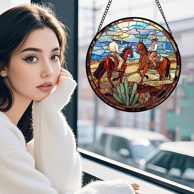 QZQCBLC Stained Glass Window Hanging Western Cowboys Riding Horses 6.3" - Suncatcher Door Garden Sun Catcher Home Decor Birthday Christmas for Woman Nana Friend Men Kids