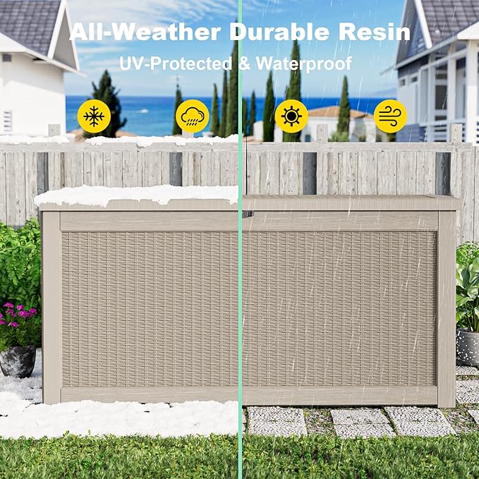 EasyUp 320 Gallon Outdoor Storage Box Waterproof, UV Resistant Resin Deck Box with Hydraulic Rod, Reinforced Stability for Patio, Garden, Rattan Gray